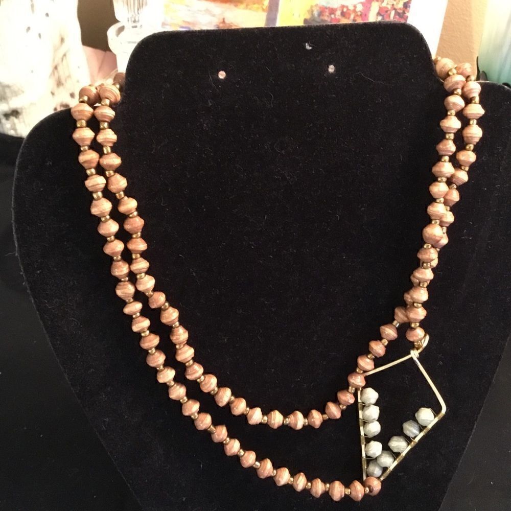 Light Brown Wooden and Grey Bead Necklace